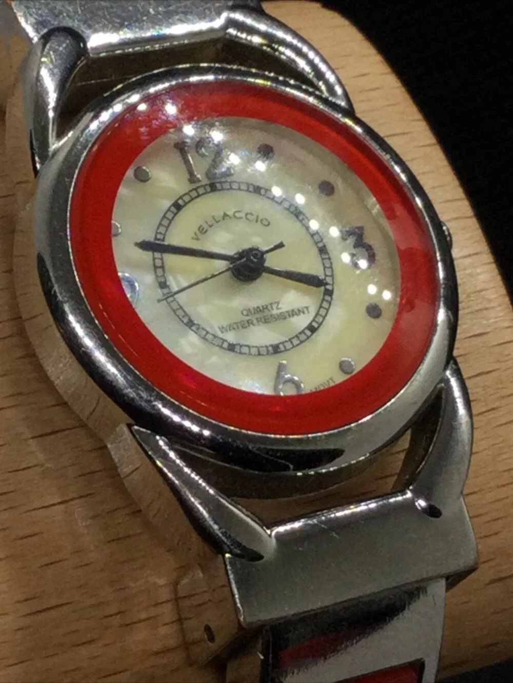 Vellaccio Ladies Quartz Watch 6” Open Cuff Metal Band Mop Dial 27mm Case